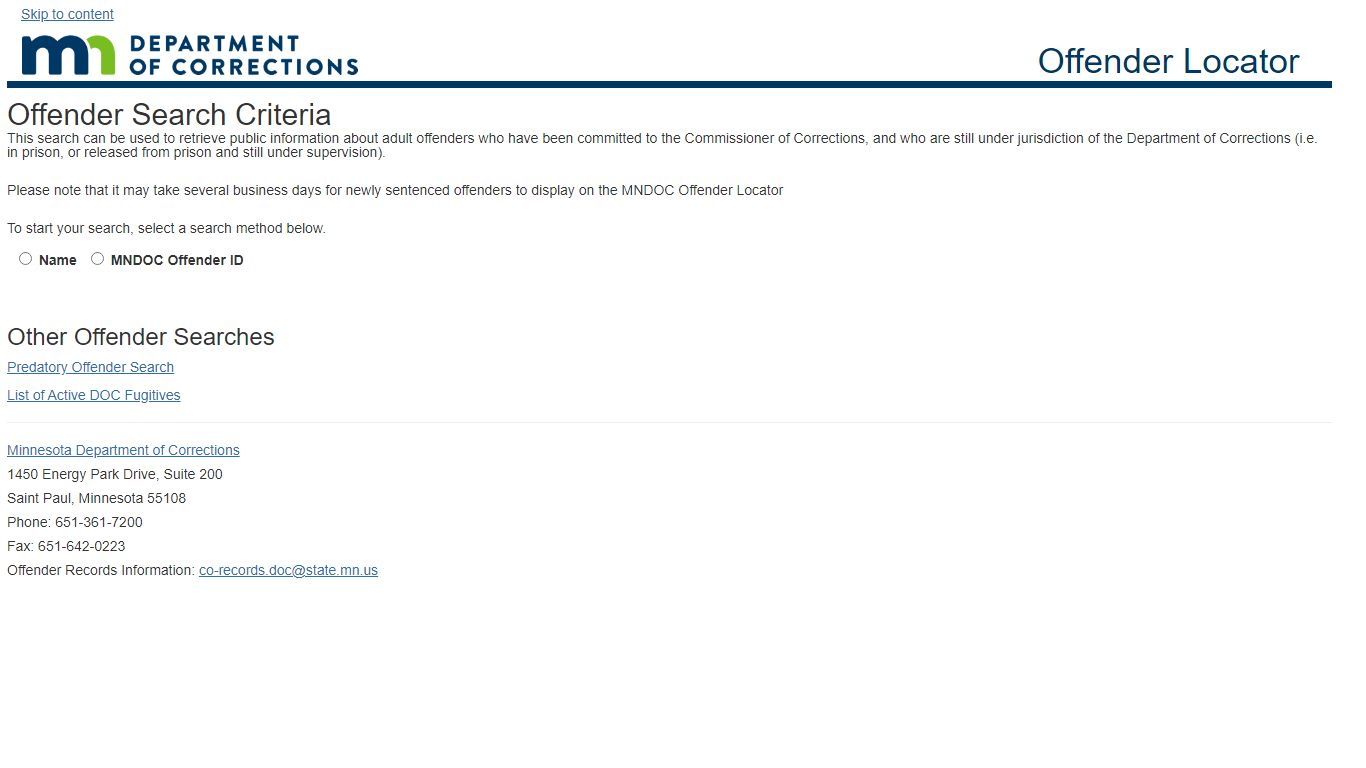 Offender Search Criteria - Minnesota Department of Corrections